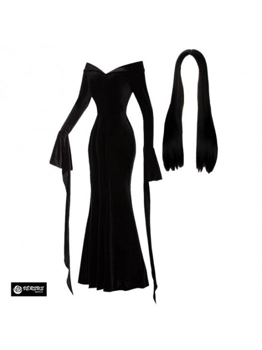 Simile Mortica Vestito Carnevale Cosplay Costume Parrucca MORTICIA01